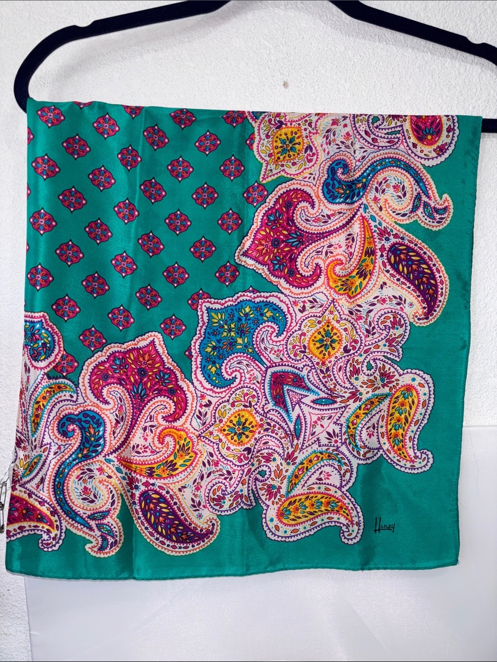 Honey. vintage 100% silk scarf Honey Vibrant Teal Paisley Scarf Square 30x30